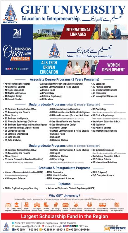 Admission notice for Gift University Gujranwala